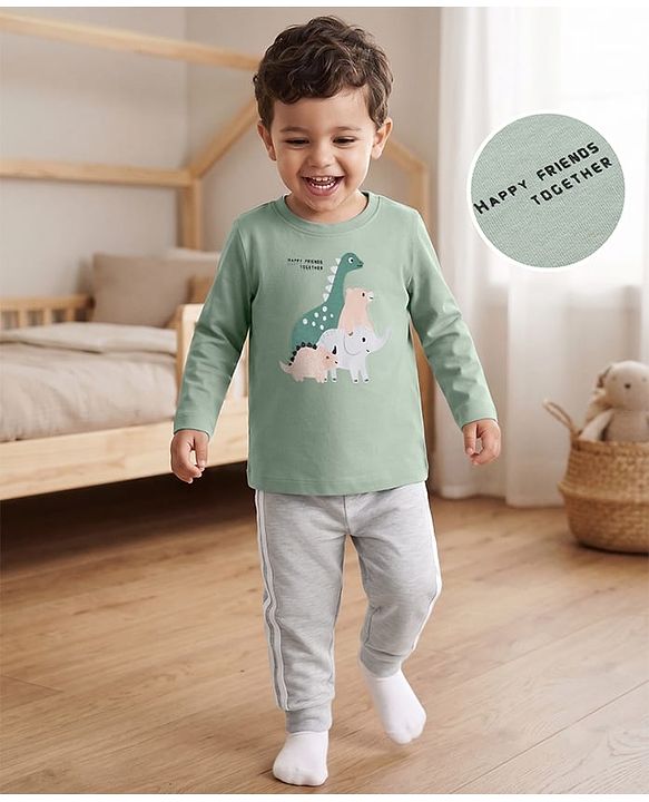 Babyhug 100% Cotton Knit Full Sleeves T-Shirt & Pyjama Night Suit with Animal Print - Green