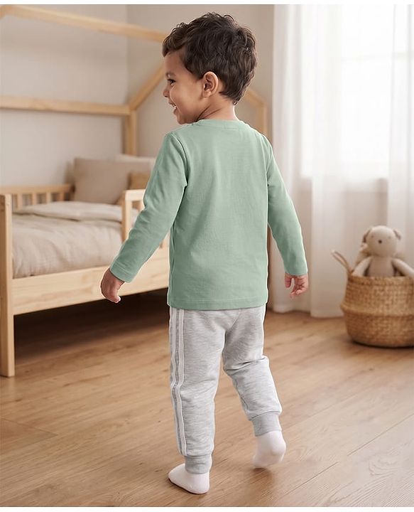 Babyhug 100% Cotton Knit Full Sleeves T-Shirt & Pyjama Night Suit with Animal Print - Green