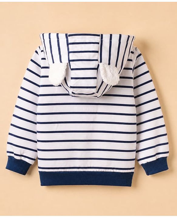 Babyhug 100% Cotton Knit Front Open Full Sleeves Heavy Gauge Striped Sweatshirt with Lion Print & Ear Applique - White & Navy Blue
