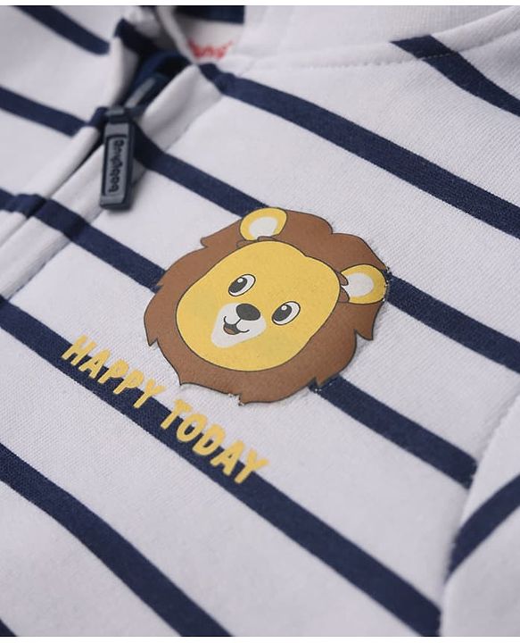 Babyhug 100% Cotton Knit Front Open Full Sleeves Heavy Gauge Striped Sweatshirt with Lion Print & Ear Applique - White & Navy Blue