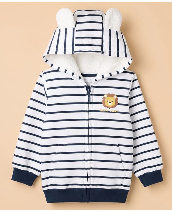 Babyhug 100% Cotton Knit Front Open Full Sleeves Heavy Gauge Striped Sweatshirt with Lion Print & Ear Applique - White & Navy Blue
