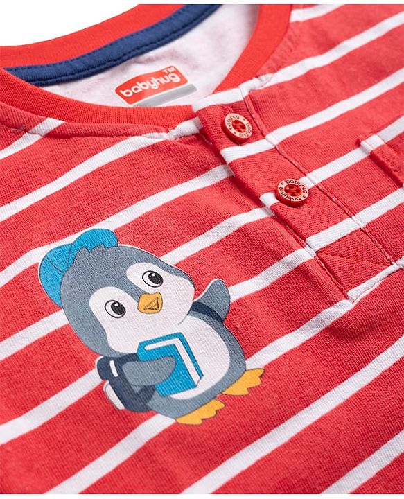 Babyhug Single Jersey Knit Full Sleeves Striped T-Shirt & Denim Jeans Set - Red & Blue