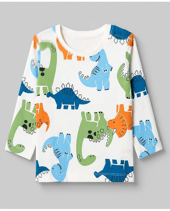 Babyhug 100% Cotton Knit Full Sleeves Co-Ords T-Shirt & Pyjama Night Suit with Dinosaur Print - White