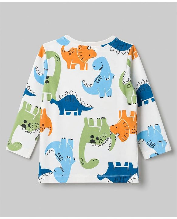 Babyhug 100% Cotton Knit Full Sleeves Co-Ords T-Shirt & Pyjama Night Suit with Dinosaur Print - White