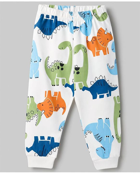 Babyhug 100% Cotton Knit Full Sleeves Co-Ords T-Shirt & Pyjama Night Suit with Dinosaur Print - White