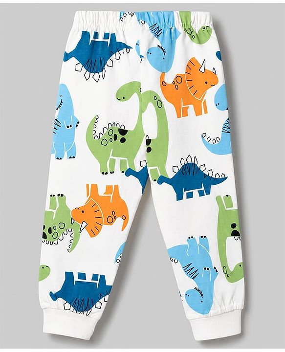 Babyhug 100% Cotton Knit Full Sleeves Co-Ords T-Shirt & Pyjama Night Suit with Dinosaur Print - White