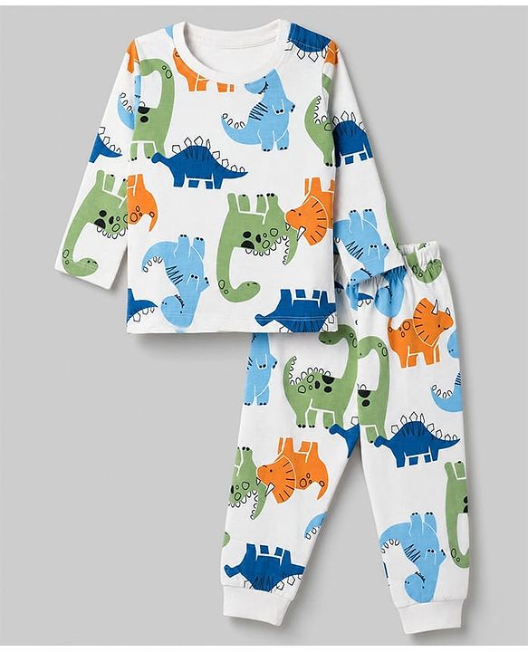 Babyhug 100% Cotton Knit Full Sleeves Co-Ords T-Shirt & Pyjama Night Suit with Dinosaur Print - White