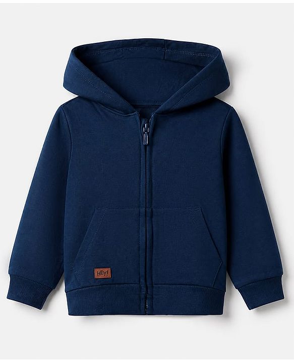 Babyhug 100% Cotton Knit Front Open Heavy Gauge Hooded Sweatshirt with Full Sleeves and Hey Patch - Navy Blue