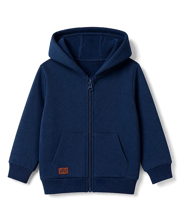 Babyhug 100% Cotton Knit Front Open Heavy Gauge Hooded Sweatshirt with Full Sleeves and Hey Patch - Navy Blue