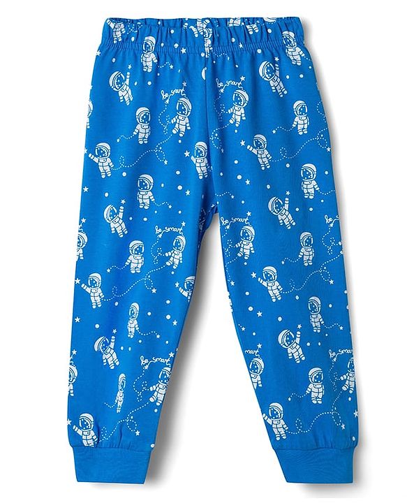 Babyhug 100% Cotton Knit Full Sleeves T-Shirt & Pyjama Night Suit with Astronaut Print - Blue