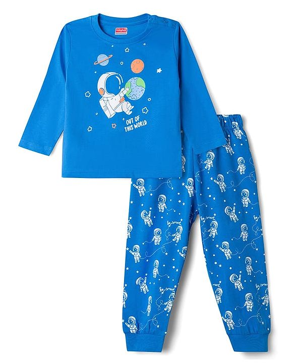 Babyhug 100% Cotton Knit Full Sleeves T-Shirt & Pyjama Night Suit with Astronaut Print - Blue