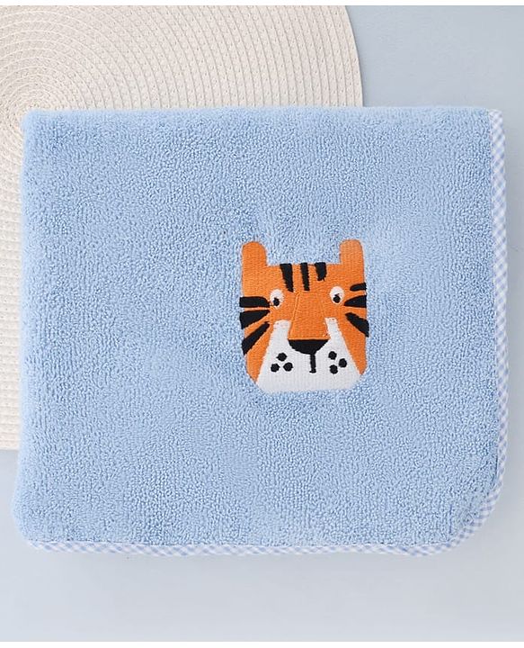 Babyhug Cotton Knit Microfiber Towel With Tiger Embroidery L 31.5 X B 22.5 cm - Light Blue
