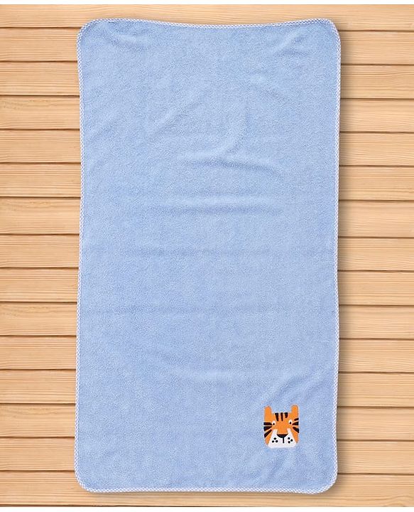 Babyhug Cotton Knit Microfiber Towel With Tiger Embroidery L 31.5 X B 22.5 cm - Light Blue