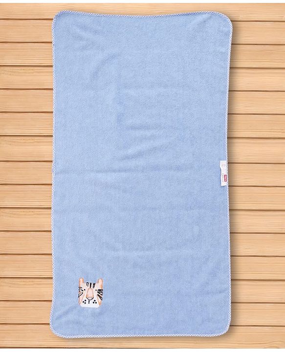 Babyhug Cotton Knit Microfiber Towel With Tiger Embroidery L 31.5 X B 22.5 cm - Light Blue