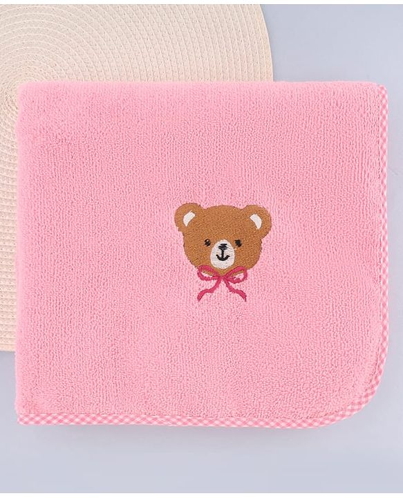 Babyhug Cotton Knit Microfiber Towel With Teddy Bear Embroidery L 31.5 X B 22.5 cm - Light Pink