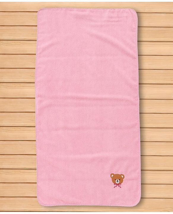 Babyhug Cotton Knit Microfiber Towel With Teddy Bear Embroidery L 31.5 X B 22.5 cm - Light Pink