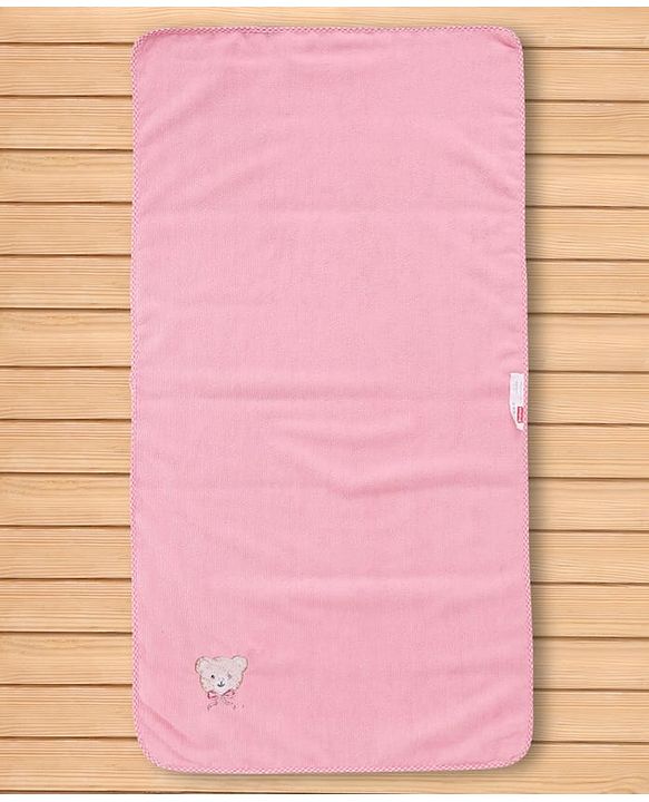 Babyhug Cotton Knit Microfiber Towel With Teddy Bear Embroidery L 31.5 X B 22.5 cm - Light Pink