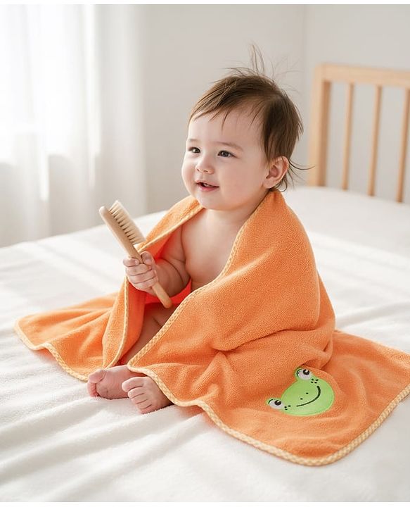 Babyhug Cotton Knit Microfiber Towel With Frog Embroidery L 31.5 X B 22.5 cm - Orange