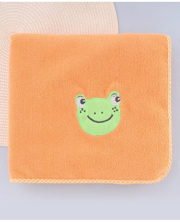 Babyhug Cotton Knit Microfiber Towel With Frog Embroidery L 31.5 X B 22.5 cm - Orange
