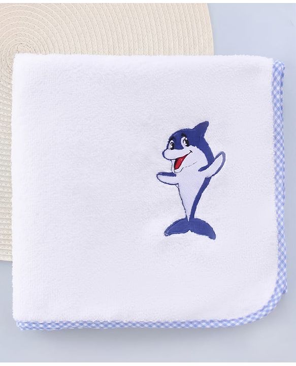 Babyhug Cotton Knit Microfiber Towel With Shark Embroidery L 31.5 X B 22.5 cm - White