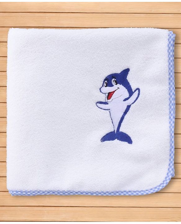 Babyhug Cotton Knit Microfiber Towel With Shark Embroidery L 31.5 X B 22.5 cm - White