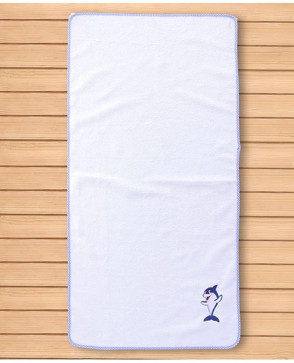 Babyhug Cotton Knit Microfiber Towel With Shark Embroidery L 31.5 X B 22.5 cm - White