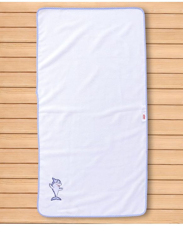 Babyhug Cotton Knit Microfiber Towel With Shark Embroidery L 31.5 X B 22.5 cm - White