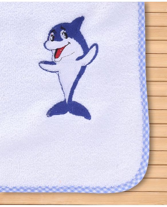 Babyhug Cotton Knit Microfiber Towel With Shark Embroidery L 31.5 X B 22.5 cm - White