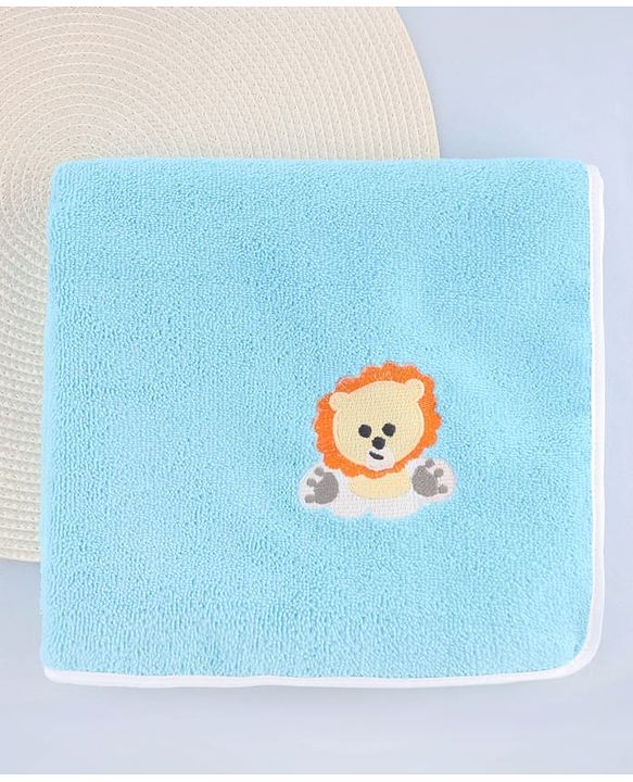 Babyhug Cotton Knit Microfiber Towel With Tiger Embroidery L 31.5 X B 22.5 cm - Aqua Blue