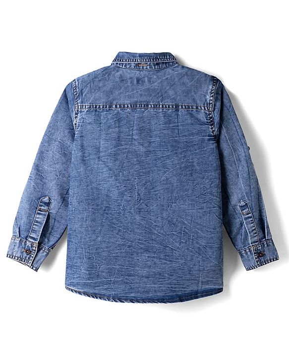 Pine Kids 100% Cotton Woven Denim Hooded Shirts with Full Sleeves and 01 Explorer Print - Blue