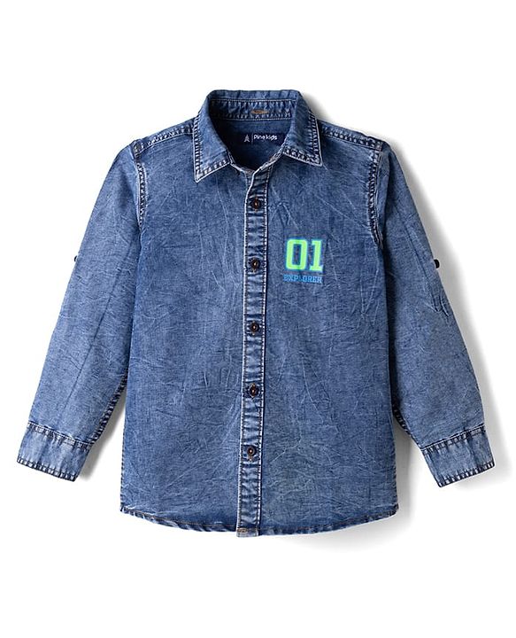 Pine Kids 100% Cotton Woven Denim Hooded Shirts with Full Sleeves and 01 Explorer Print - Blue