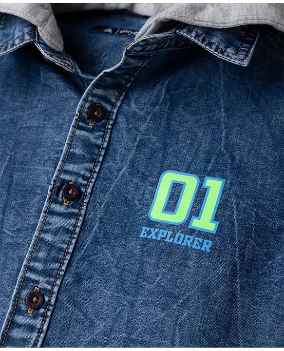 Pine Kids 100% Cotton Woven Denim Hooded Shirts with Full Sleeves and 01 Explorer Print - Blue