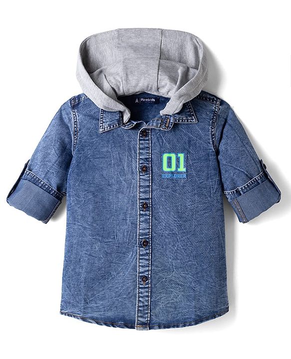 Pine Kids 100% Cotton Woven Denim Hooded Shirts with Full Sleeves and 01 Explorer Print - Blue