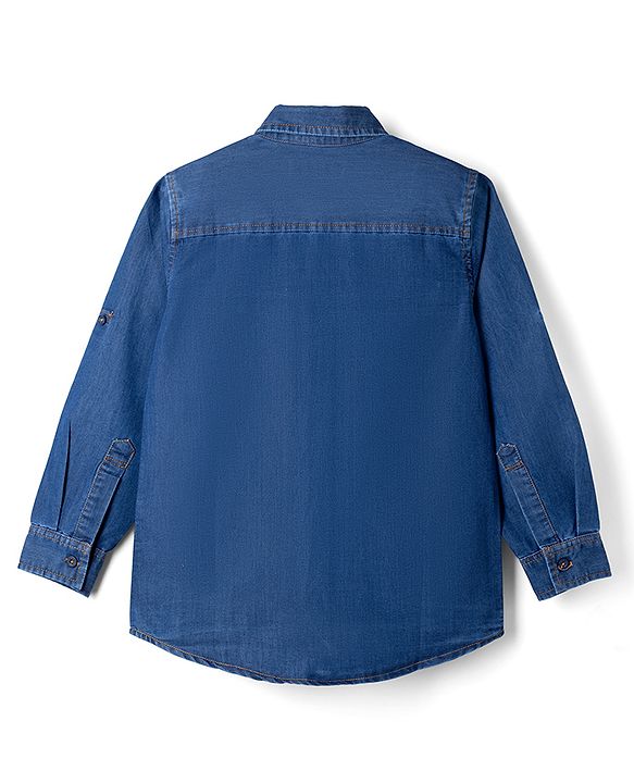 Pine Kids Cotton Woven Denim Shirt with Full Sleeves and Next Leader Print - Navy Blue