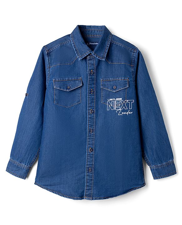 Pine Kids Cotton Woven Denim Shirt with Full Sleeves and Next Leader Print - Navy Blue