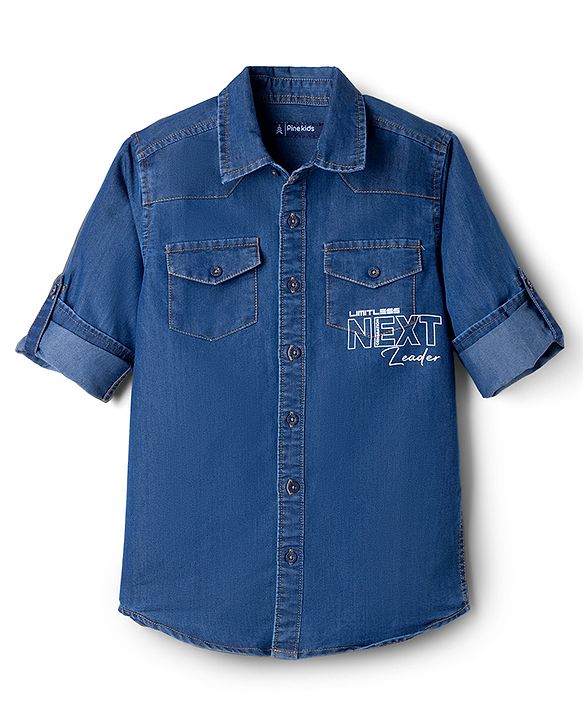 Pine Kids Cotton Woven Denim Shirt with Full Sleeves and Next Leader Print - Navy Blue