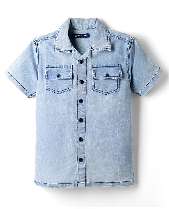 Pine Kids Cotton Woven Half Sleeves Solid Denim Shirt with Washed Finish in Light Blue