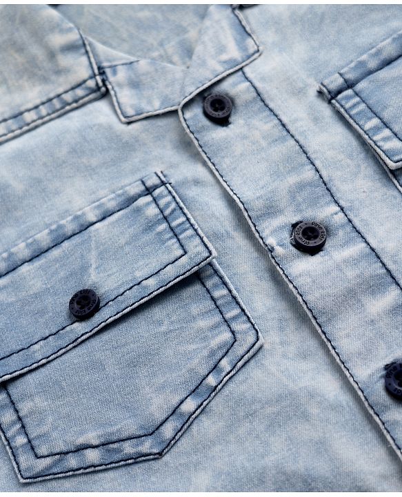 Pine Kids Cotton Woven Half Sleeves Solid Denim Shirt with Washed Finish in Light Blue