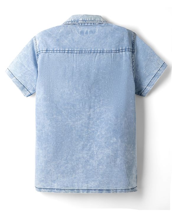 Pine Kids Cotton Woven Half Sleeves Solid Denim Shirt with Washed Finish in Light Blue