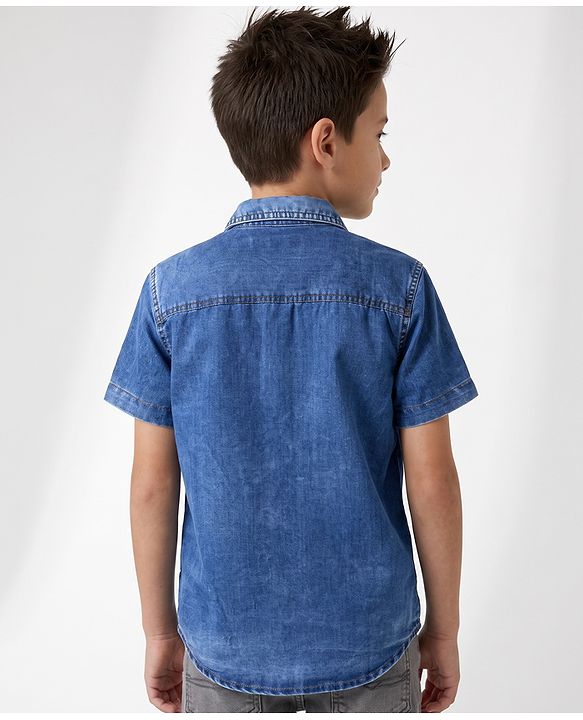 Pine Kids Cotton Woven Solid Denim Shirt with Half Sleeves in Blue
