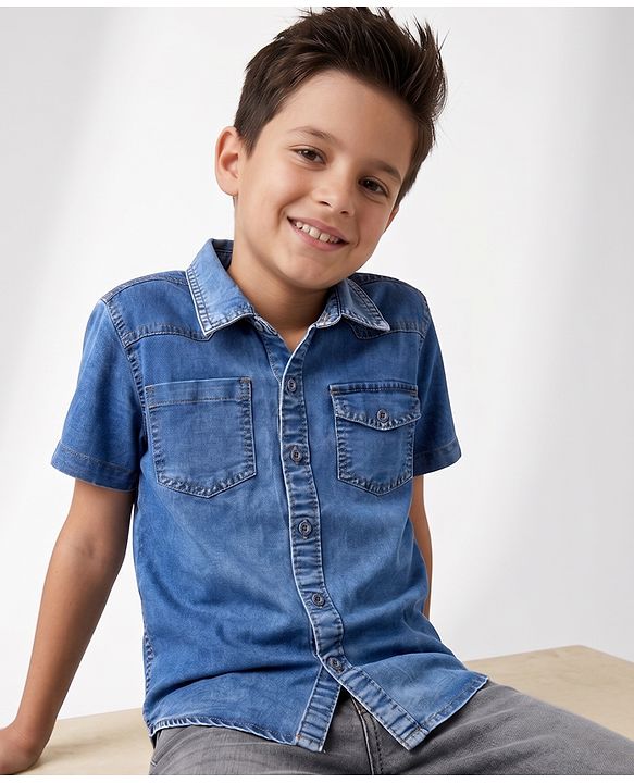 Pine Kids Cotton Woven Solid Denim Shirt with Half Sleeves in Blue