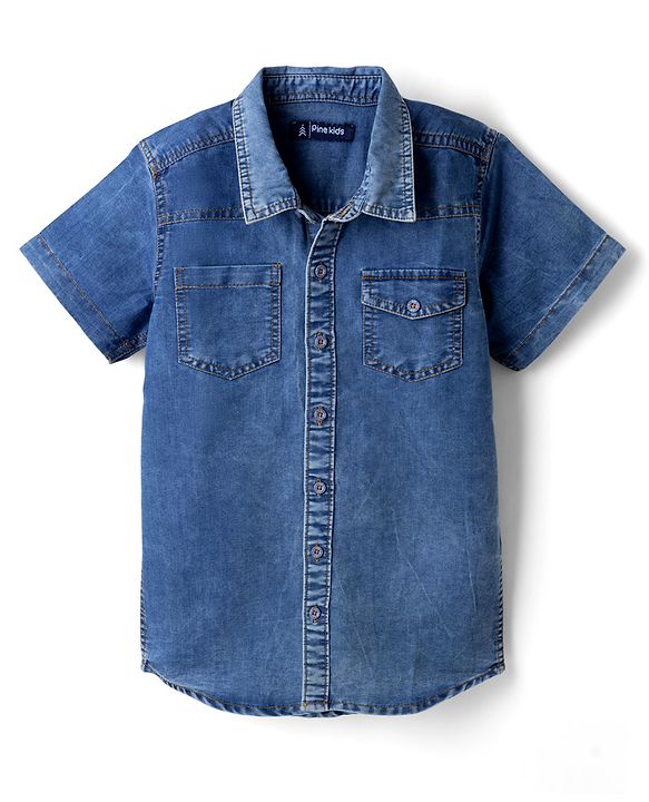 Pine Kids Cotton Woven Solid Denim Shirt with Half Sleeves in Blue