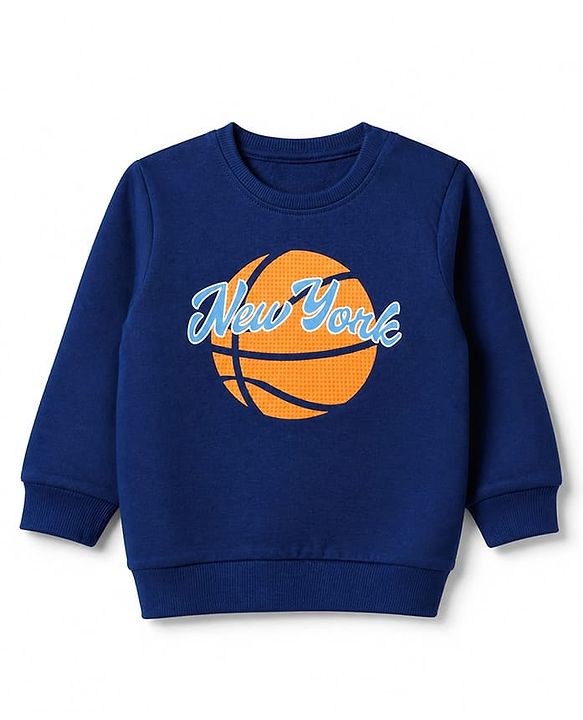 Babyhug 100% Cotton Knit Sweatshirt with Full Sleeves and Basketball Print in Navy Blue