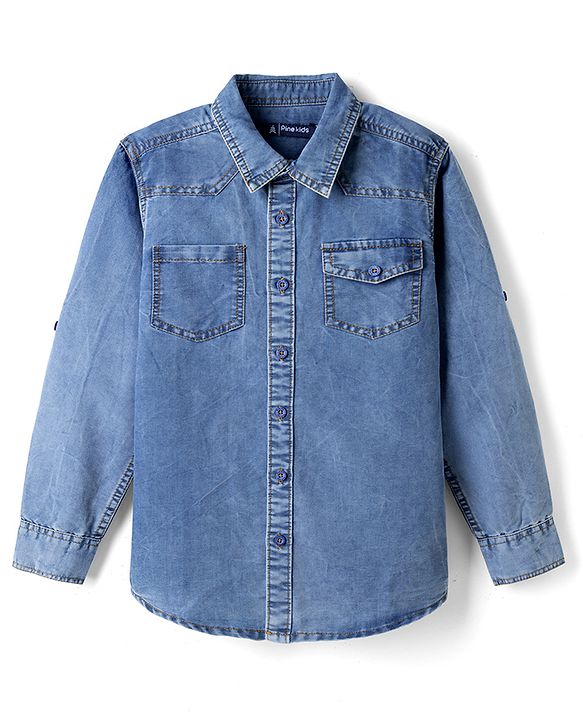 Pine Kids Cotton Woven Denim Shirt with Full Sleeves - Blue