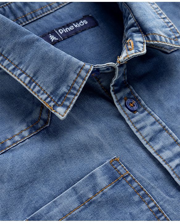 Pine Kids Cotton Woven Denim Shirt with Full Sleeves - Blue