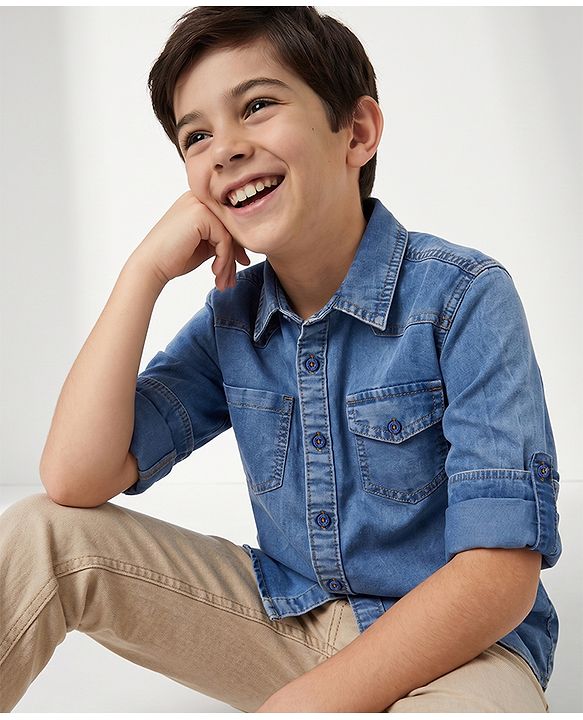 Pine Kids Cotton Woven Denim Shirt with Full Sleeves - Blue