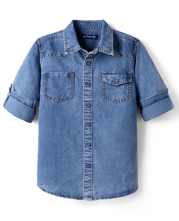 Pine Kids Cotton Woven Denim Shirt with Full Sleeves - Blue