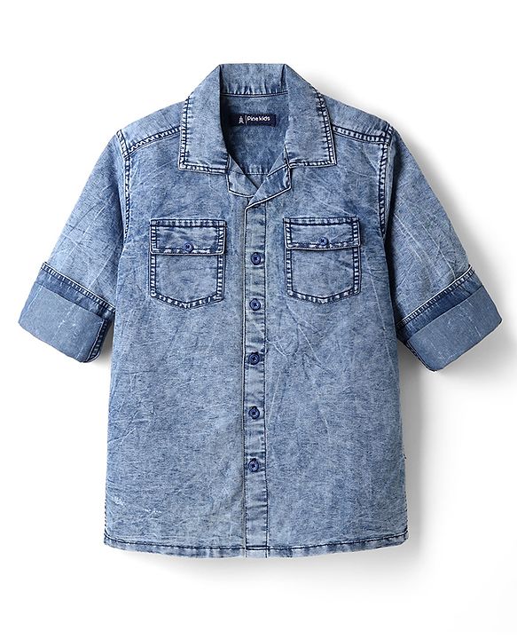 Pine Kids Cotton Woven Denim Shirt with Full Sleeves & Washed Finish in Light Blue