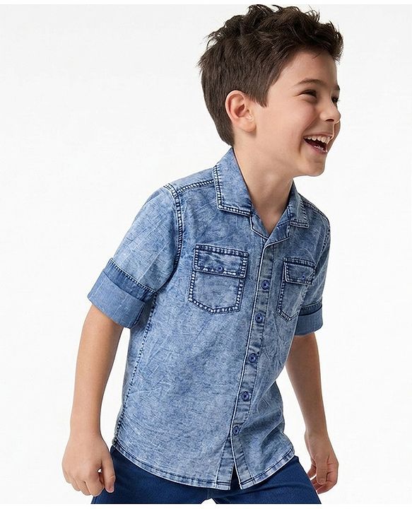 Pine Kids Cotton Woven Denim Shirt with Full Sleeves & Washed Finish in Light Blue