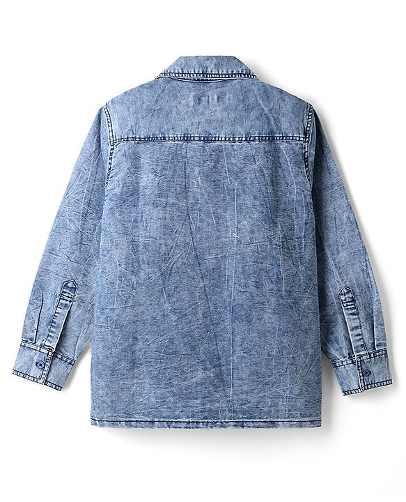 Pine Kids Cotton Woven Denim Shirt with Full Sleeves & Washed Finish in Light Blue